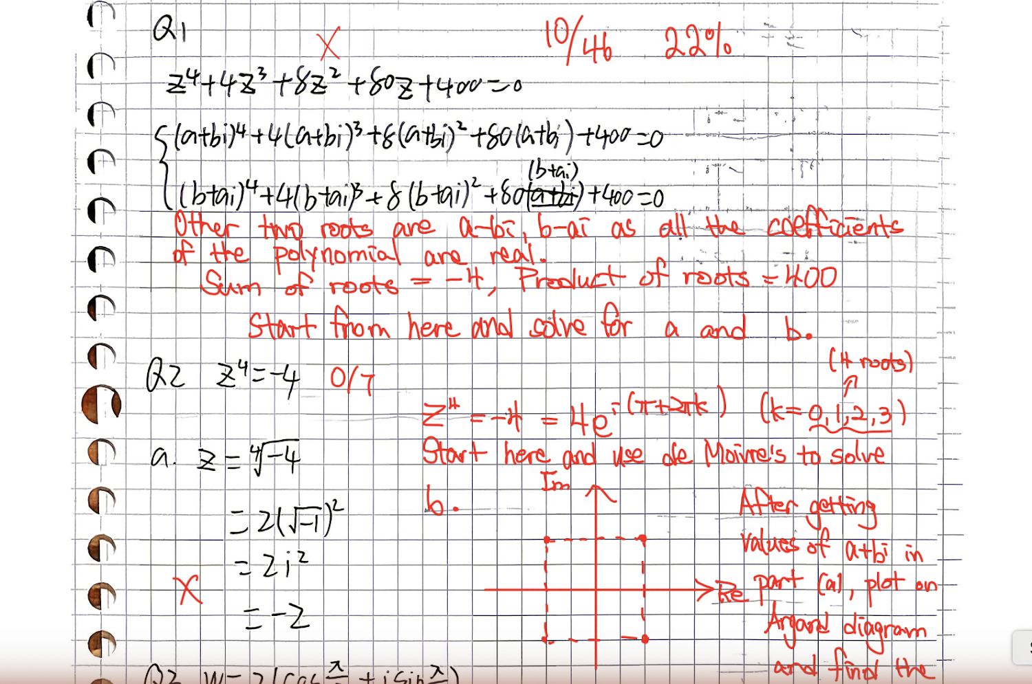 Marked IB Maths AA HL Complex Numbers mock with per-question marks and written tutor feedback, scored 10 out of 46