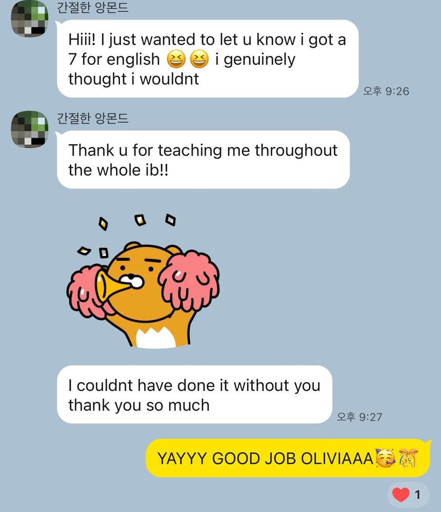 Message from an IB English Lang Lit student confirming a final grade of 7