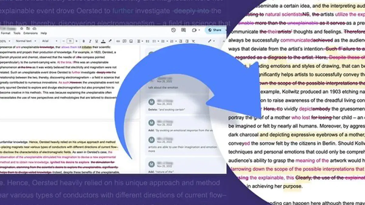 An essay draft with the teacher's suggested edits