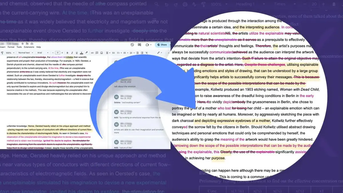 An essay draft with the teacher's edits and comments