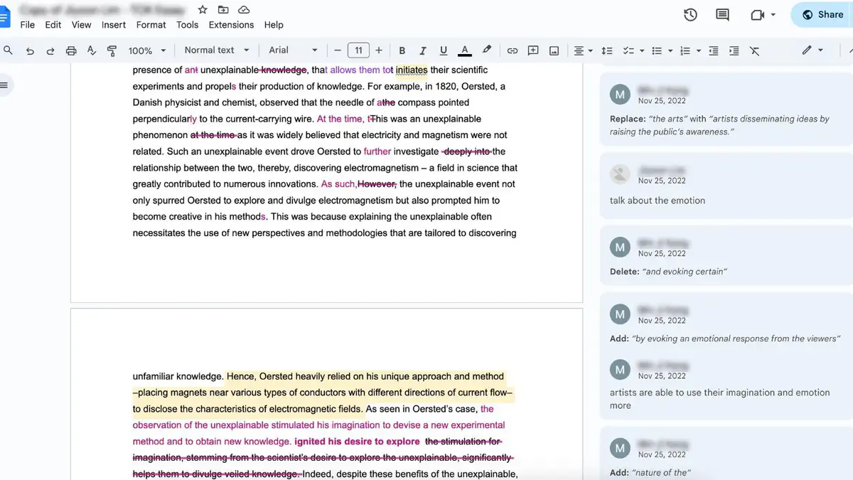 Example feedback on a 1st draft: edits and comments in Google Docs